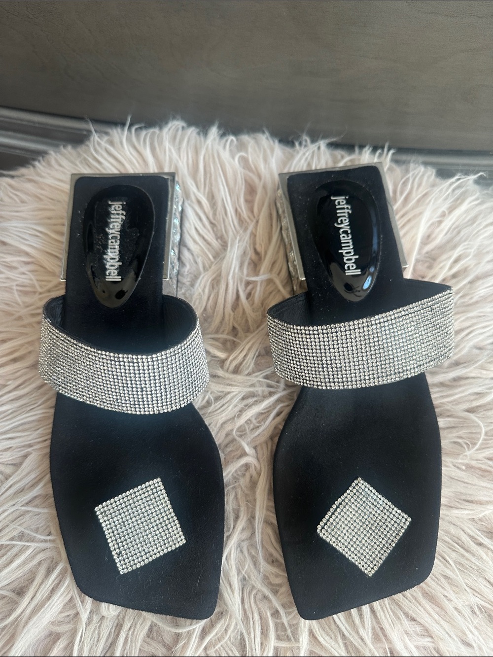 Jeffrey Campbell Black Slides with Silver Crystal Straps